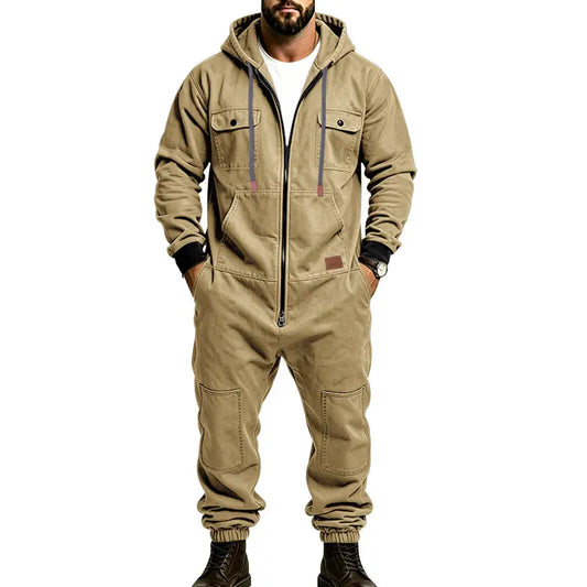 Herren-Cargo-Overall mit Kapuze und Reißverschluss – Bequemer Workwear-Jumpsuit